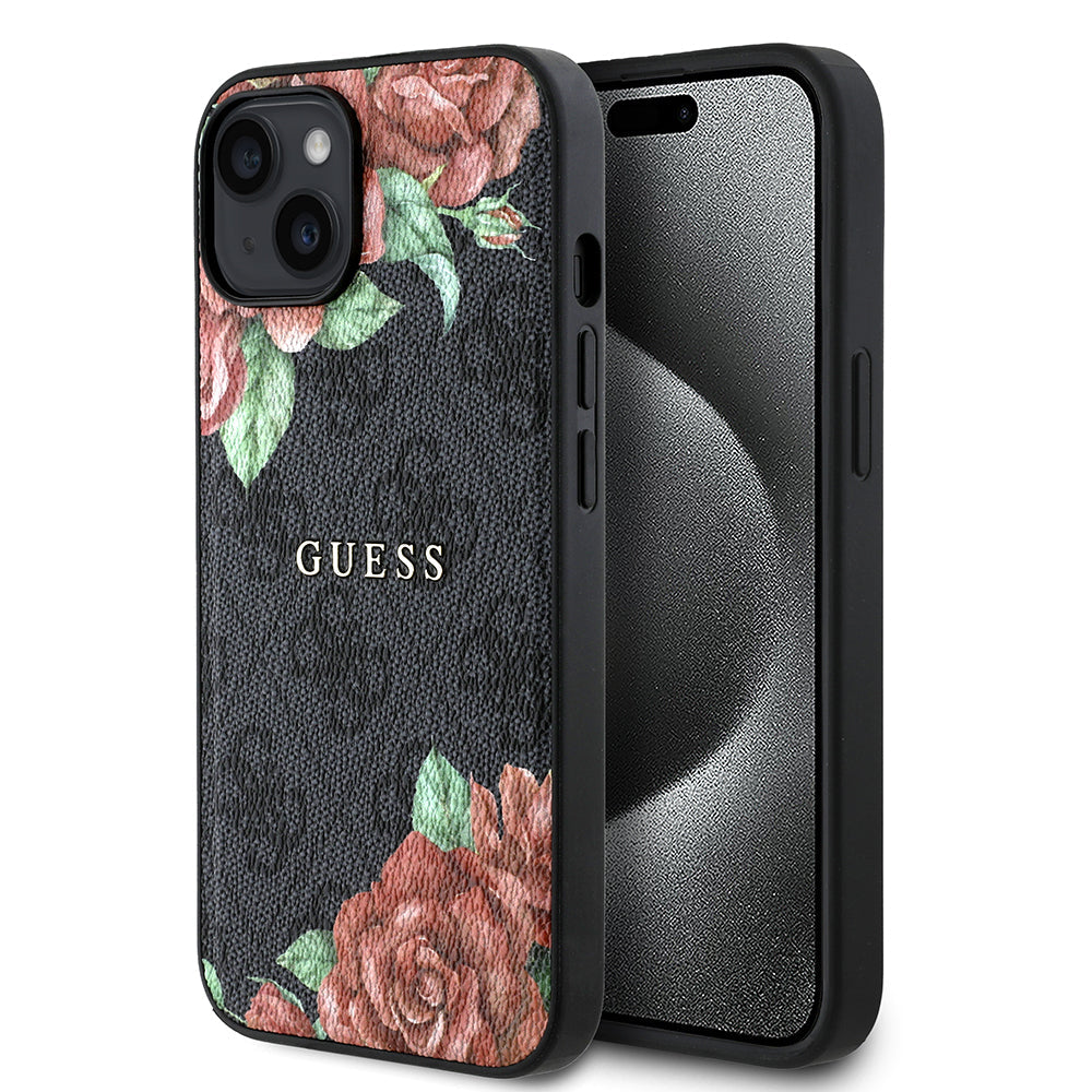 Apple iPhone 14 Kılıf Guess Orjinal Lisanslı M-safe Şarj Özellikli Gül Baskılı 4G Desenli Yazı Logolu Kapak - Görsel 3