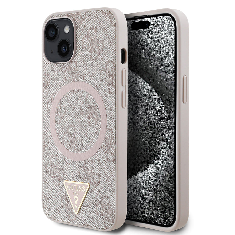 Apple iPhone 14 Kılıf Guess Orjinal Lisanslı M-safe Şarj Özellikli PU Üçgen Logo 4G Desenli Kapak - Görsel 4
