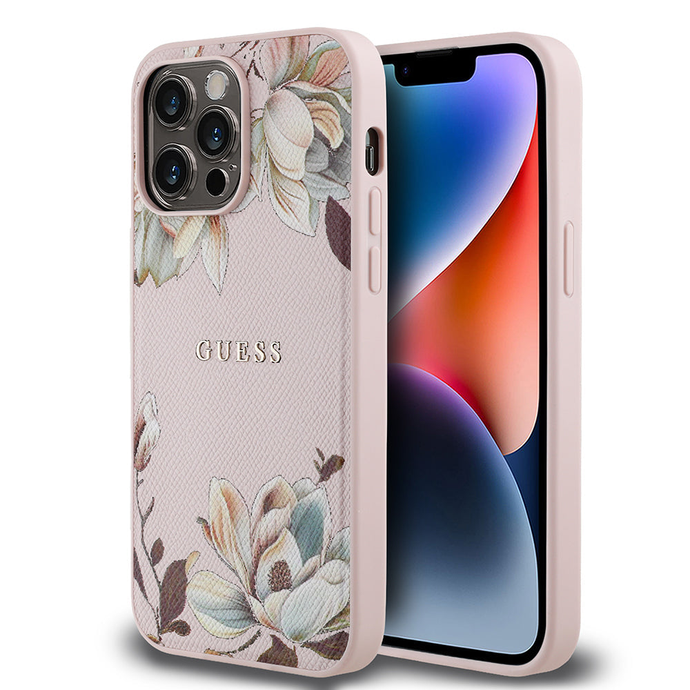 Apple iPhone 14 Pro Max Kılıf Guess Orjinal Lisanslı M-safe Şarj Özellikli Taneli Çiçek Tasarımlı Metal Yazı Logolu Kapak - Görsel 3