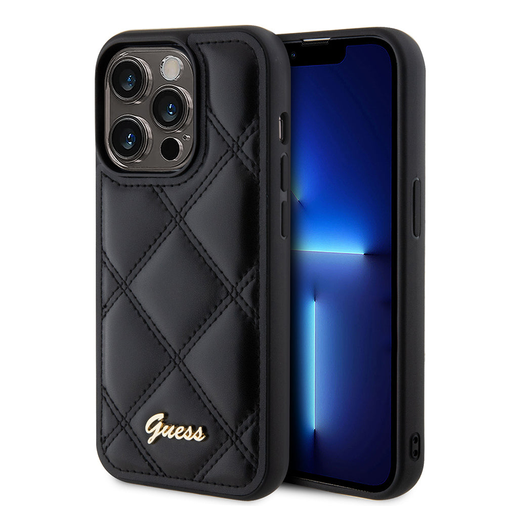 Apple iPhone 14 Pro Max Kılıf Guess Orjinal Lisanslı PU Deri Metal Yazı Logolu Kapitone Kapak - Görsel 2