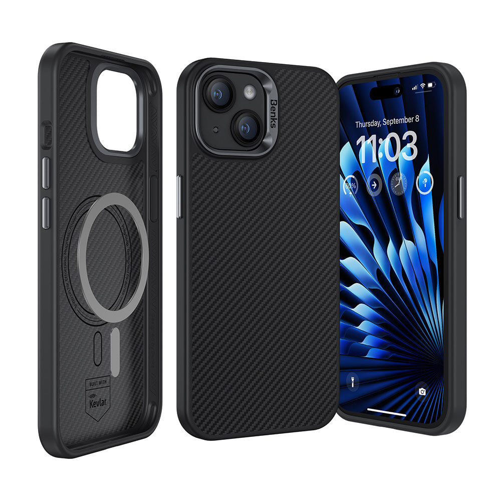 Apple iPhone 15 Kılıf Karbon Fiber M-safe Şarj Özellikli Benks Hybrid ArmorPro 600D Kevlar Kapak - Görsel 2