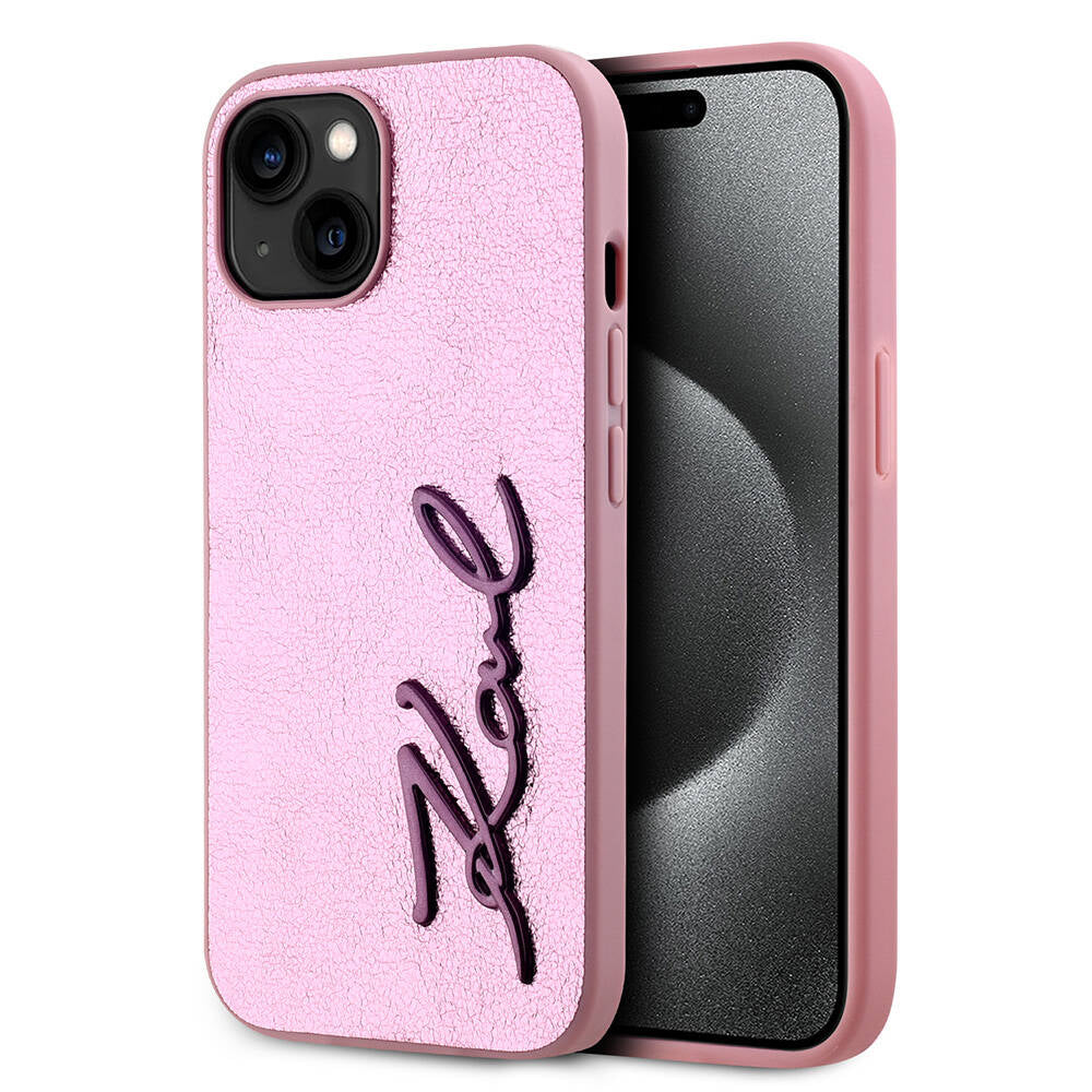 Apple iPhone 15 Kılıf Karl Lagerfeld Orjinal Lisanslı 3D KL Yazılı Tüylü Arka Yüzey Saffiano Rhinestones Kapak - Görsel 3
