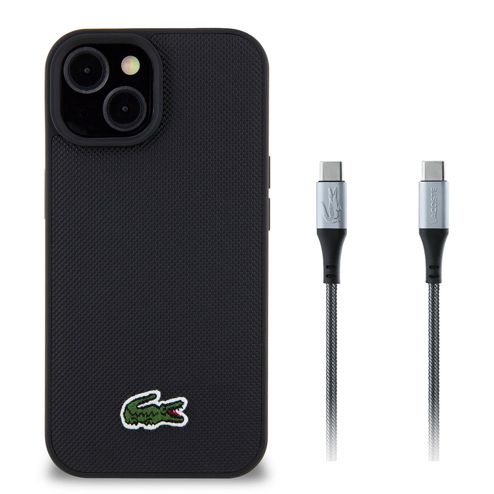 Apple iPhone 15 Kılıf Lacoste Orjinal Lisanslı PU Pike Desenli Arka Yüzey İkonik Timsah Dokuma Logolu Kapak + Type-C Kablo 1.5m - Görsel 2