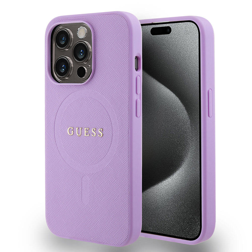 Apple iPhone 15 Pro Kılıf Guess Orjinal Lisanslı M-safe Şarj Özellikli Yazı Logolu Saffiano Kapak - Görsel 2