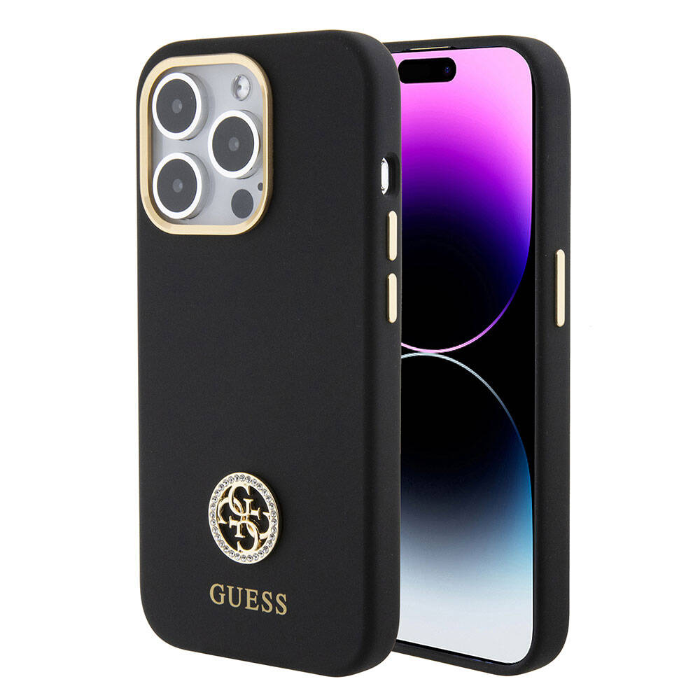 Apple iPhone 15 Pro Kılıf Guess Orjinal Lisanslı Yazı ve Taşlı 4G Logolu Metal Kamera Çerçeveli Silikon Kapak - Görsel 2
