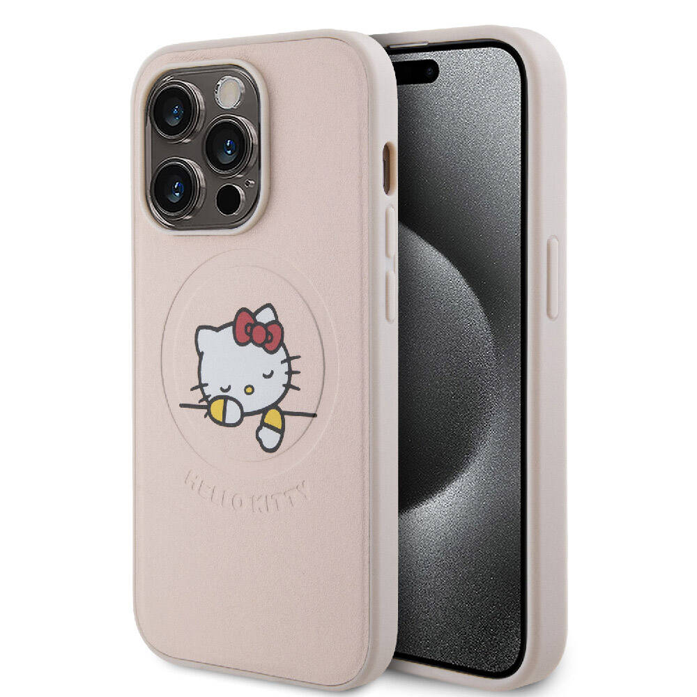 Apple iPhone 15 Pro Kılıf Hello Kitty Orjinal Lisanslı M-safe Şarj Özellikli Baskı Logolu Uyuyan Kitty Deri Kapak - Görsel 3