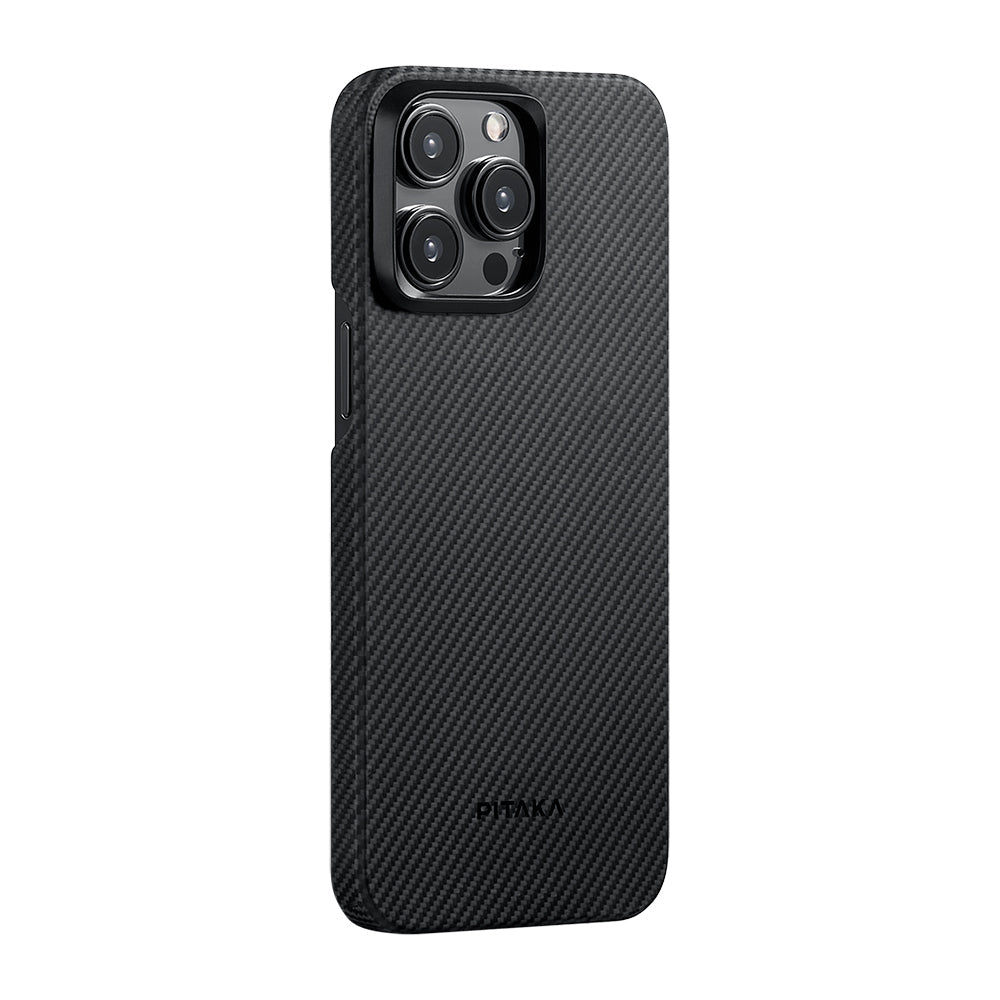 Apple iPhone 15 Pro Kılıf M-safe Şarj Özellikli 600D Aramid Fiber Pitaka Ultra-Slim Classic Serisi Black-Grey Twill Kapak - Görsel 2