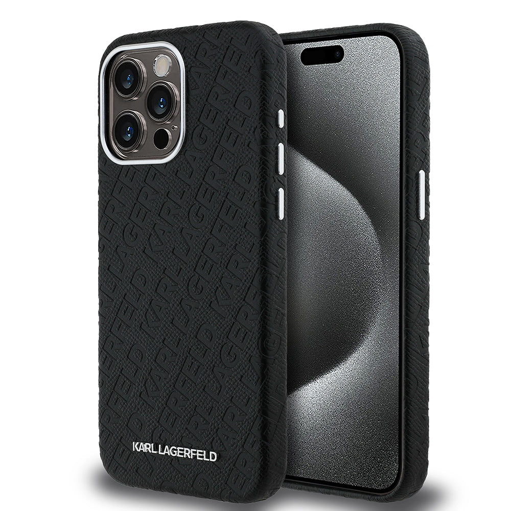 Apple iPhone 15 Pro Max Kılıf Karl Lagerfeld Orjinal Lisanslı PU Deri Damgalı Metal Yazı Logolu Kapak - Görsel 2