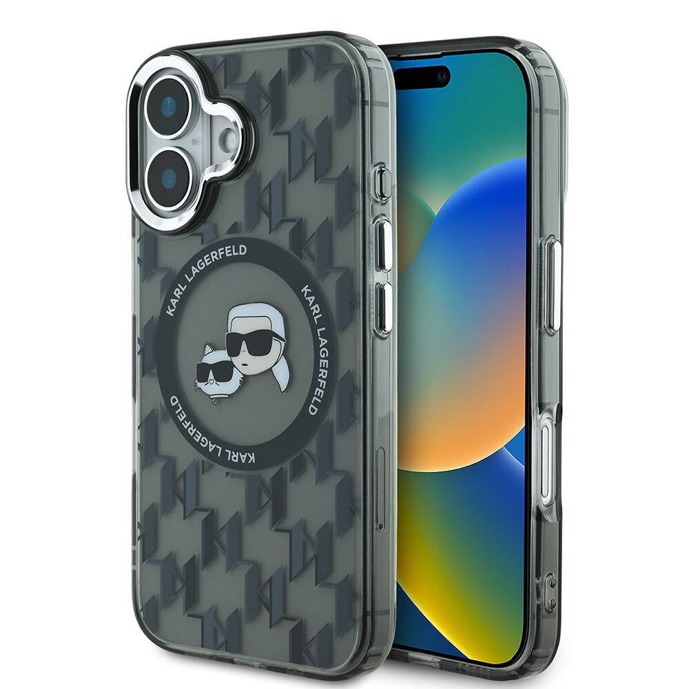 Apple iPhone 16 Kılıf Karl Lagerfeld Orjinal Lisanslı M-safe Şarj Özellikli IML Baskılı Metal Monogram KC Heads Kapak - Görsel 2