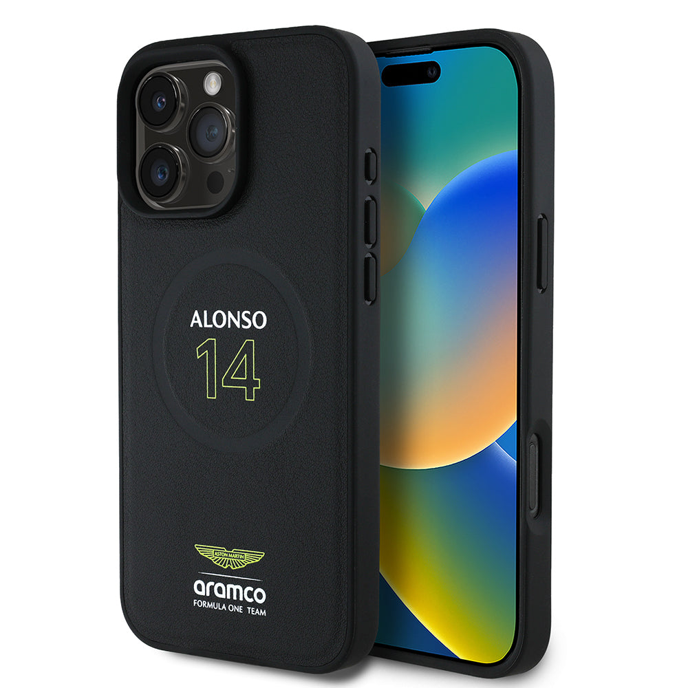 Apple iPhone 16 Pro Kılıf Aston Martin Orjinal Lisanslı M-safe Şarj Özellikli PU Deri Alonso 14 Baskılı Kapak - Görsel 2