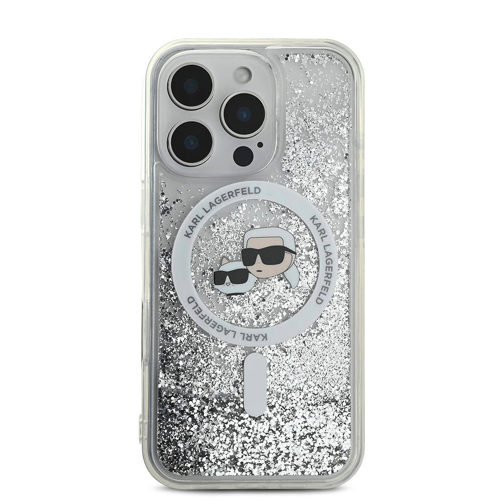 Apple iPhone 16 Pro Kılıf Karl Lagerfeld Orjinal Lisanslı M-safe Şarj Özellikli Sıvılı Simli KC Heads Kapak - Görsel 2
