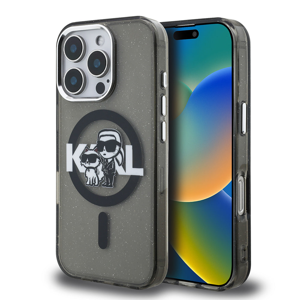 Apple iPhone 16 Pro Kılıf Karl Lagerfeld Orjinal Lisanslı Parlayan Simli Karl & Choupette Sketch Logo Kapak - Görsel 2