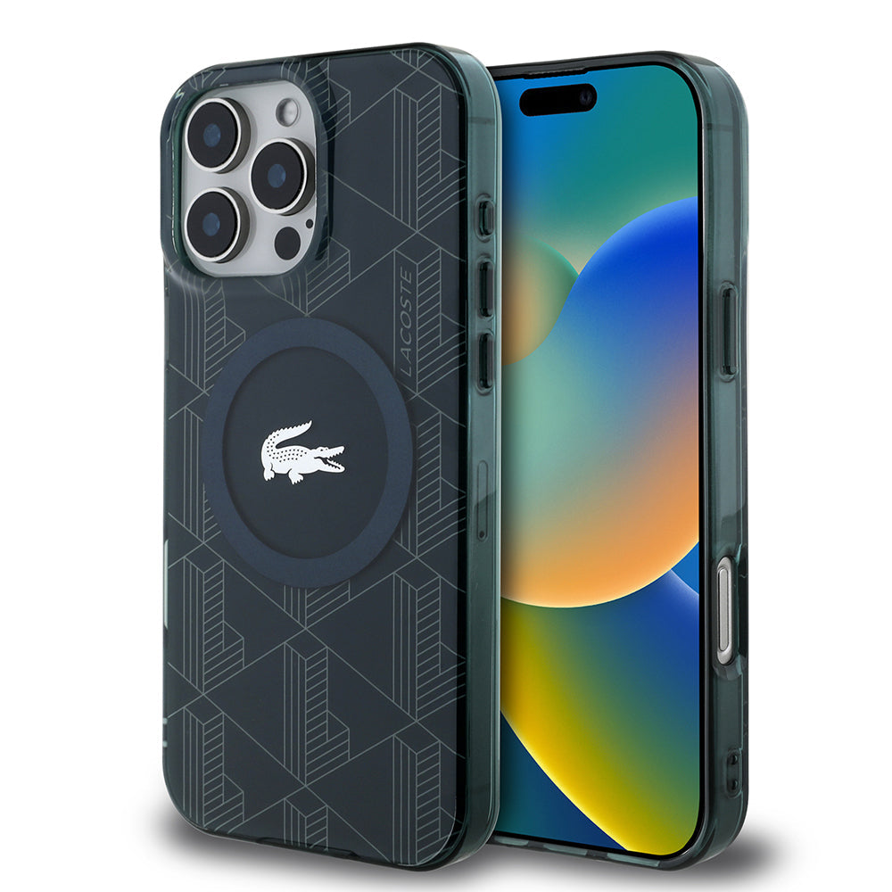 Apple iPhone 16 Pro Kılıf Lacoste Orjinal Lisanslı M-safe Şarj Özellikli IML Baskılı Gümüş Timsah Logolu Monogram Kapak - Görsel 4