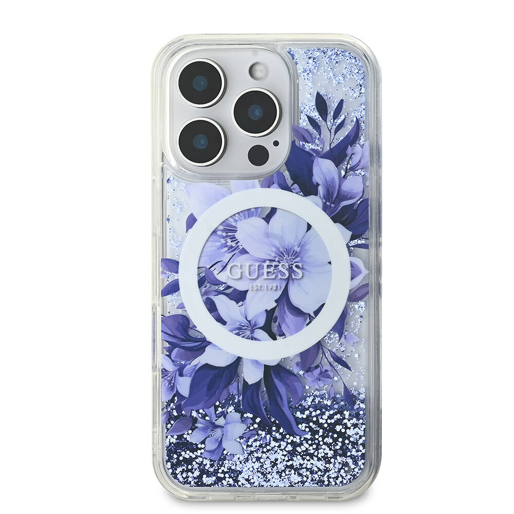 Apple iPhone 16 Pro Max Kılıf Guess Orjinal Lisanslı M-safe Şarj Özellikli Sıvılı Simli Çiçek Desenli Kapak - Görsel 5