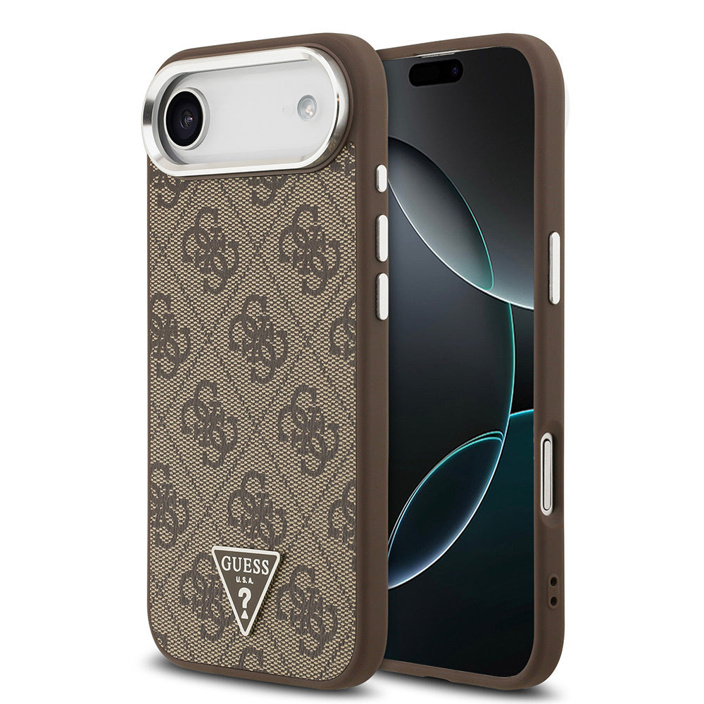 Apple iPhone 17 Air Kılıf Guess Orjinal Lisanslı M-safe Şarj Özellikli Gümüş Metal Kamera Çerçeveli Üçgen Logo 4G Desenli Kapak - Görsel 3