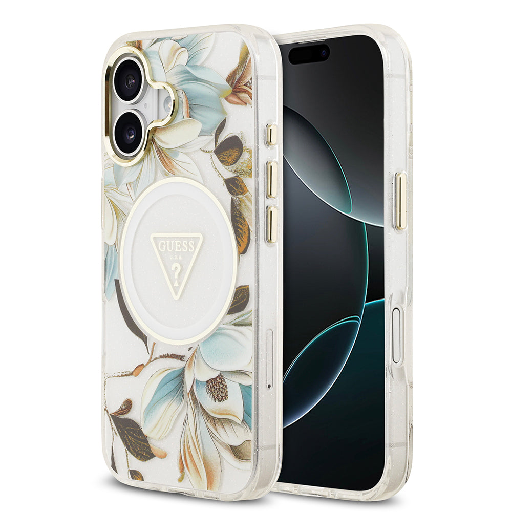 Apple iPhone 17 Kılıf Guess Orjinal Lisanslı M-safe Şarj Özellikli Simli Çiçek Desenli Metal Kamera Çerçeveli Üçgen Logolu Kapak - Görsel 5