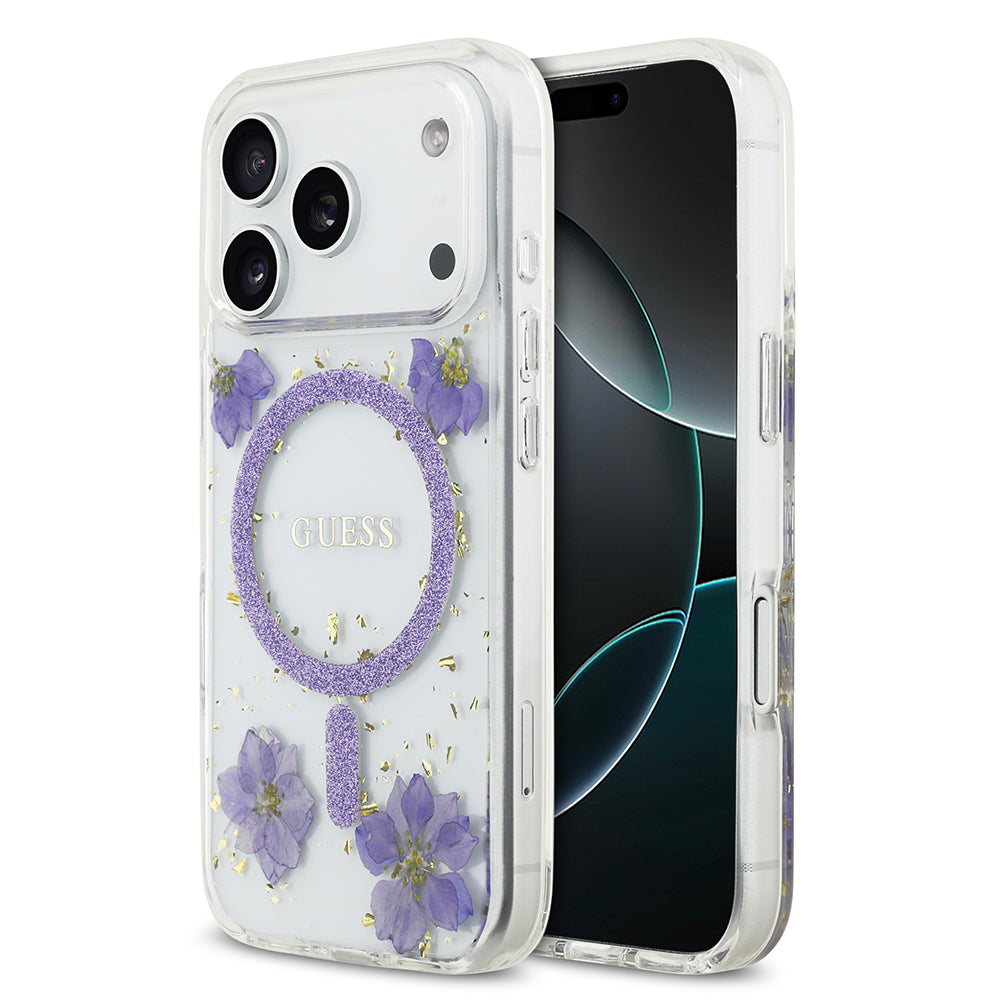 Apple iPhone 17 Pro Kılıf Guess Orjinal Lisanslı M-safe Şarj Özellikli Transparan Resin Flowers Kapak - Görsel 3