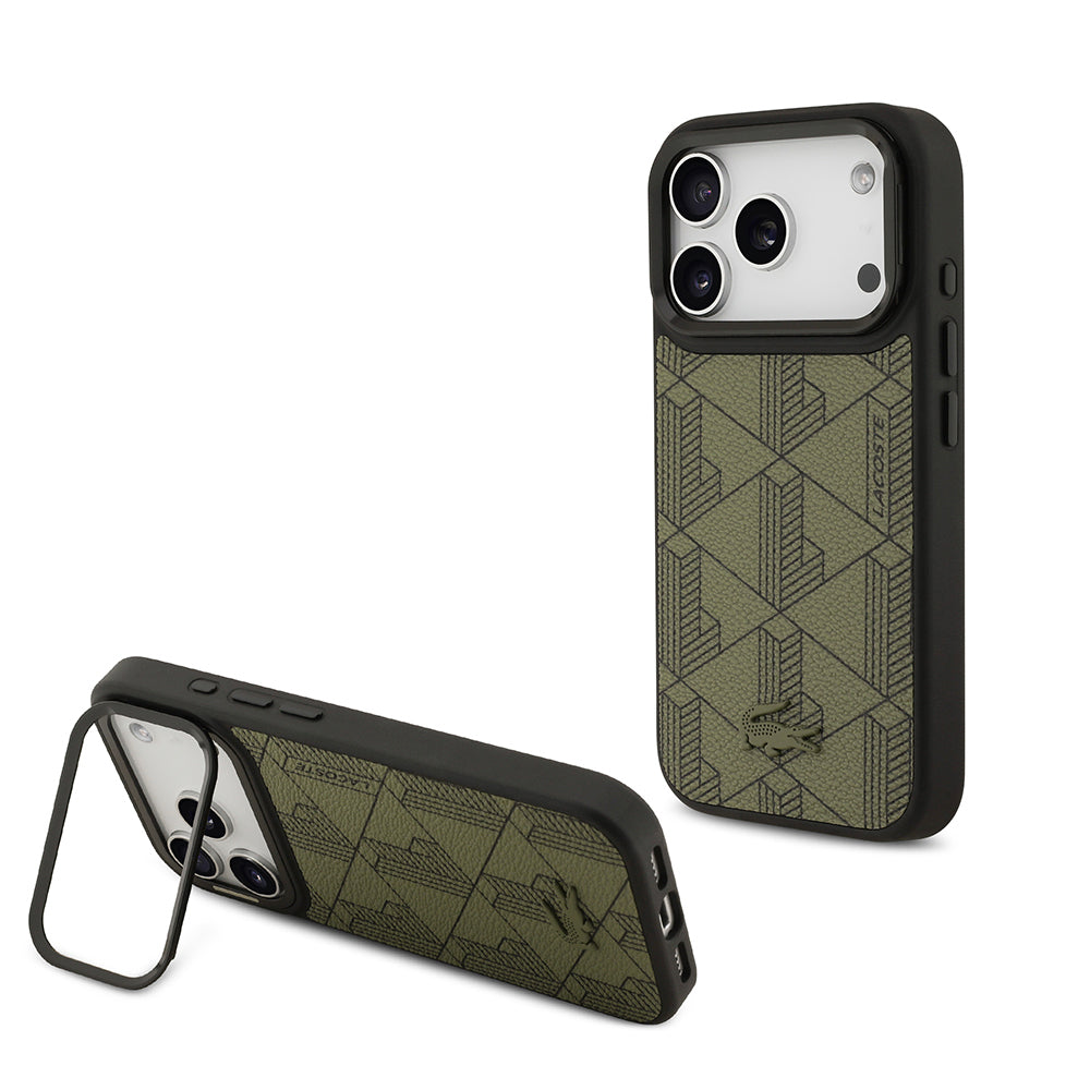 Apple iPhone 17 Pro Kılıf Lacoste Orjinal Lisanslı M-safe Şarj Özellikli Standlı PU Deri Karışık Monogram Desenli Kapak - Görsel 3