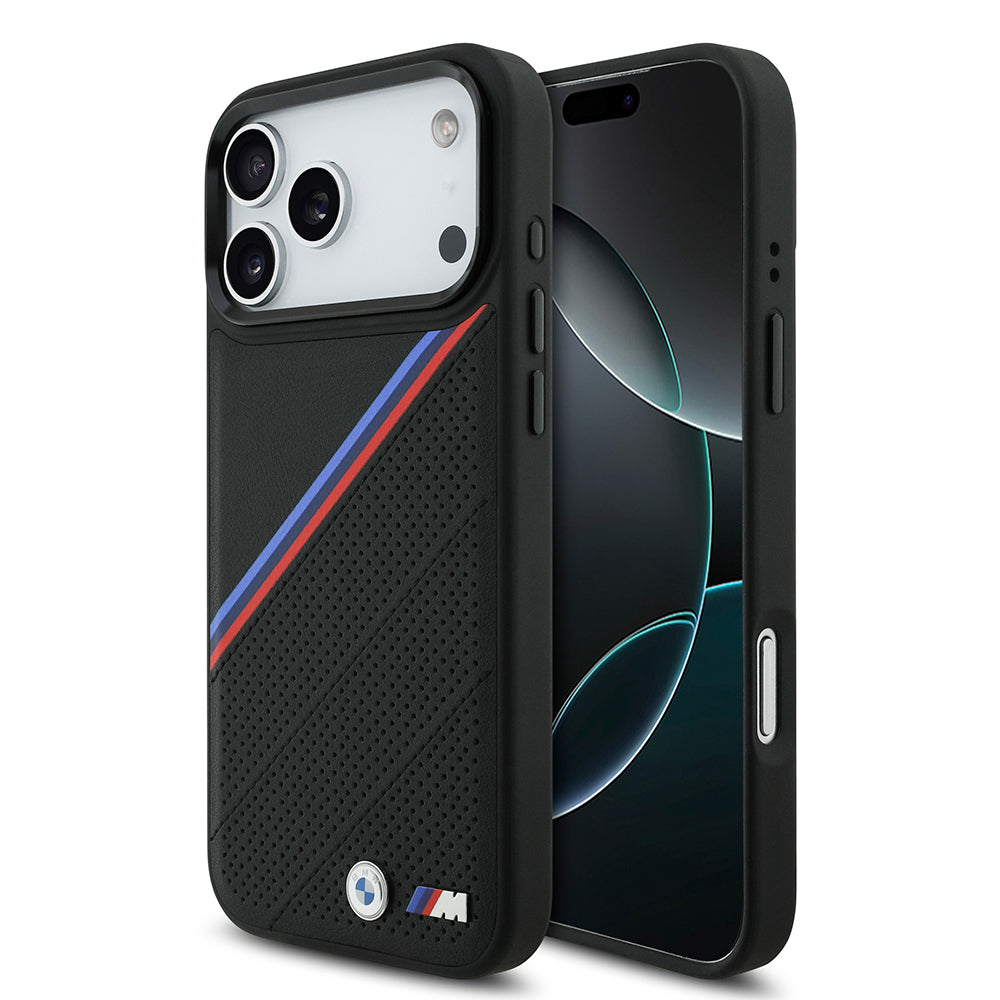 Apple iPhone 17 Pro Max Kılıf BMW Orjinal Lisanslı M-safe Şarj Özellikli M Logolu Üç Şeritli Delikli Deri Kapak - Görsel 3