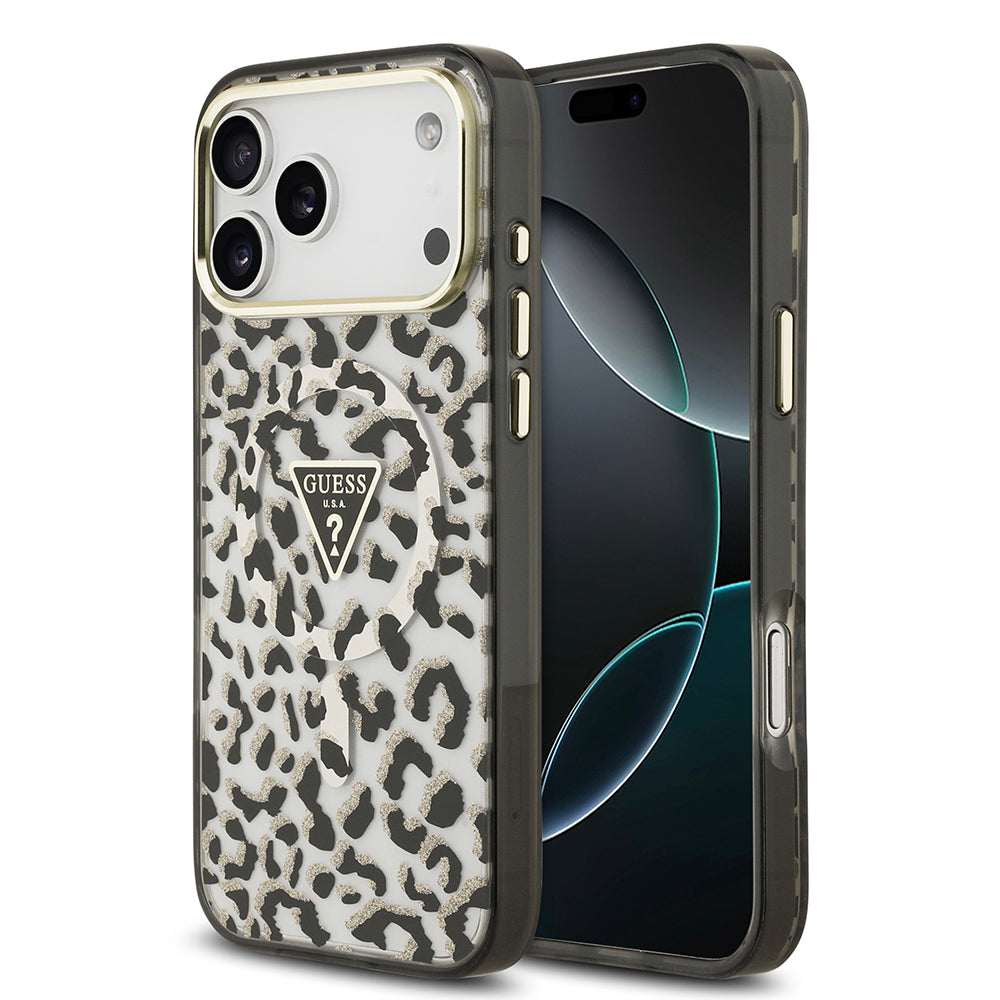 Apple iPhone 17 Pro Max Kılıf Guess Orjinal Lisanslı M-safe Şarj Özellikli Üçgen Logolu Simli Leopar Desenli Kapak - Görsel 3