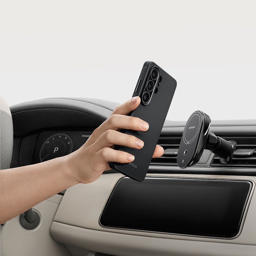 Galaxy S26 Ultra Kılıf M-safe Şarj Özellikli 600D Aramid Fiber Pitaka Cairn Serisi Black-Grey Twill Kapak - Görsel 12