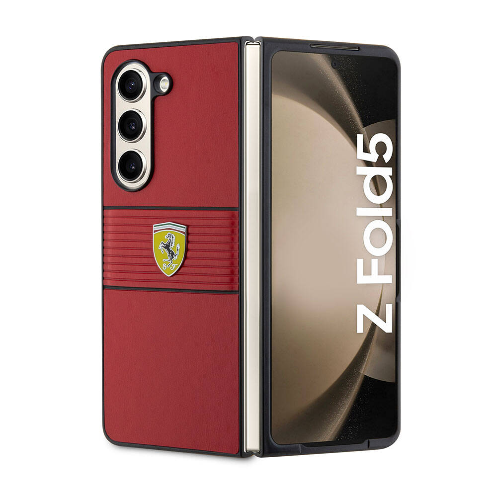 Galaxy Z Fold 5 Kılıf Ferrari Orjinal Lisanslı PU Deri Metal Logolu Multi Çizgili Kapak - Görsel 3