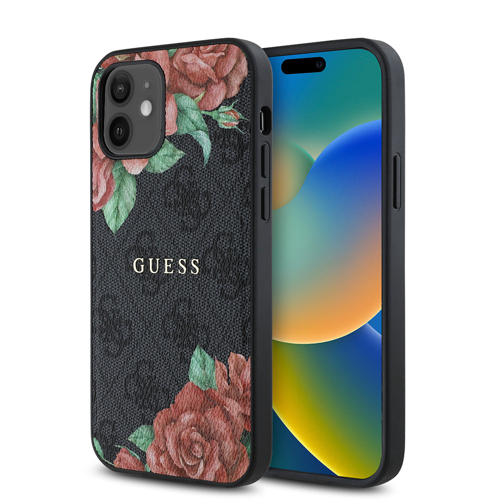 Apple iPhone 12 Kılıf Guess Orjinal Lisanslı M-safe Şarj Özellikli Gül Baskılı 4G Desenli Yazı Logolu Kapak - Görsel 3