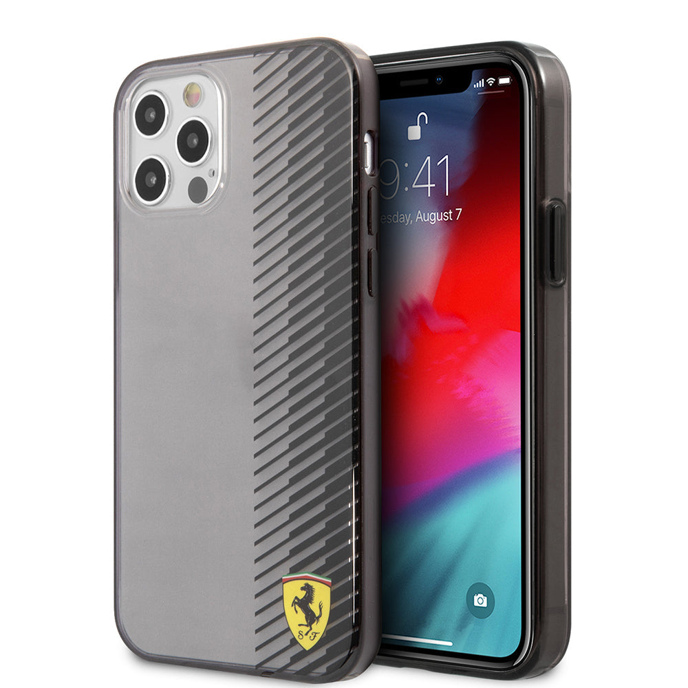 Apple iPhone 12 Pro Max Kılıf Ferrari Orjinal Lisanlı Klasik Metal Logolu Transparan Çizgi Desenli Gradient Kapak - Görsel 2