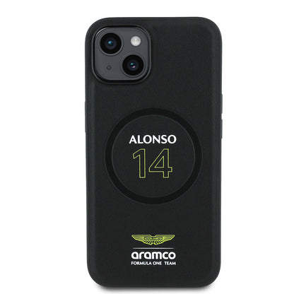 Apple iPhone 14 Kılıf Aston Martin Orjinal Lisanslı M-safe Şarj Özellikli PU Deri Alonso 14 Baskılı Kapak