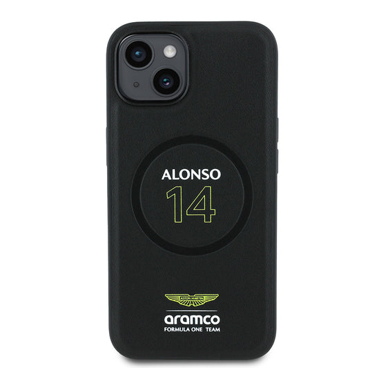 Apple iPhone 14 Kılıf Aston Martin Orjinal Lisanslı M-safe Şarj Özellikli PU Deri Alonso 14 Baskılı Kapak