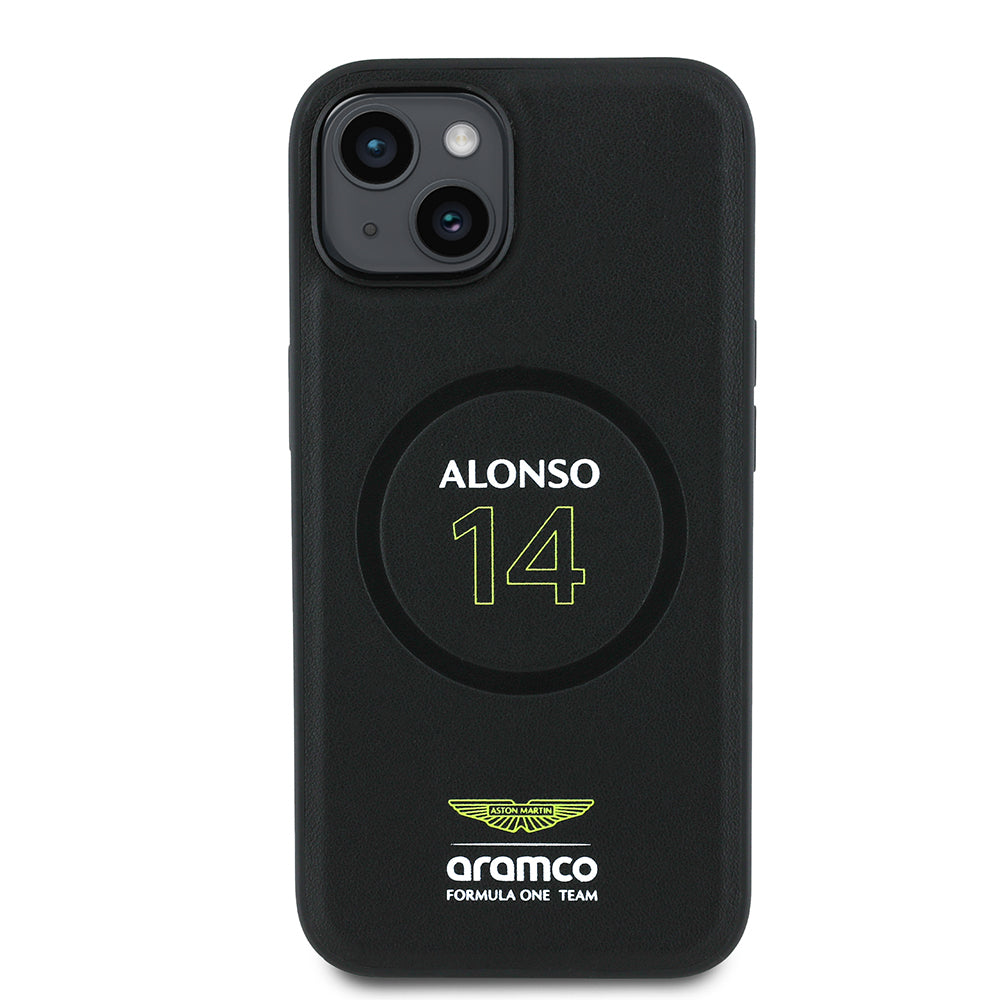 Apple iPhone 14 Kılıf Aston Martin Orjinal Lisanslı M-safe Şarj Özellikli PU Deri Alonso 14 Baskılı Kapak - Görsel 2