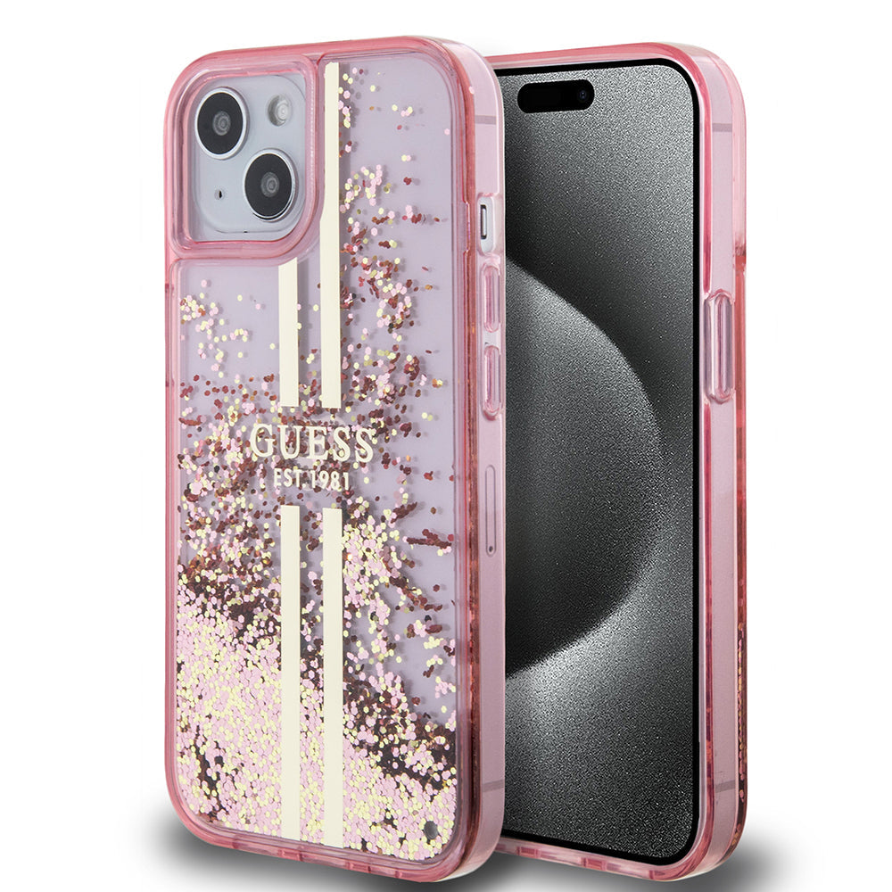 Apple iPhone 14 Kılıf Guess Orjinal Lisanslı Transparan Sıvılı Simli Altın Çizgili Kapak
