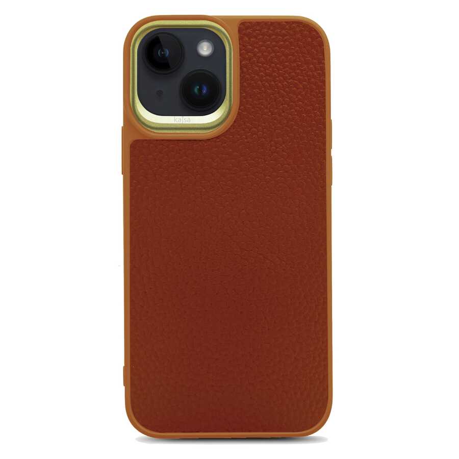 Apple iPhone 14 Kılıf Soft Deri Metal Kamera Çerçeveli Kajsa Litchi Kapak - Görsel 3