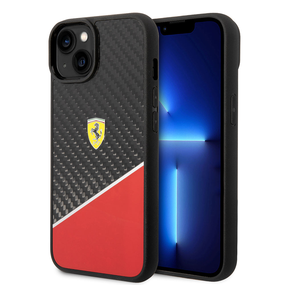 Apple iPhone 14 Plus Kılıf Ferrari Orjinal Lisanlı Klasik Metal Logolu Karbon Şerit Desenli Kapak - Görsel 2