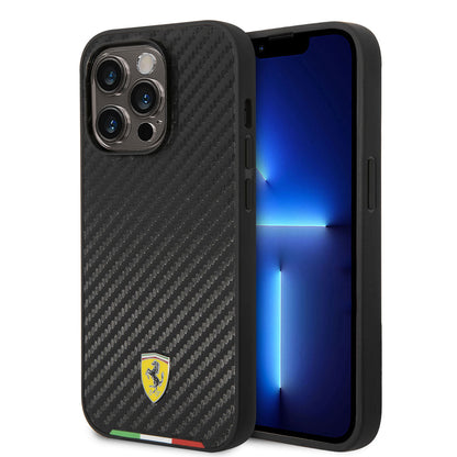 Apple iPhone 14 Pro Kılıf Ferrari M-safe Şarj Özellikli Karbon İtalyan Bayrak Dizayn Kapak