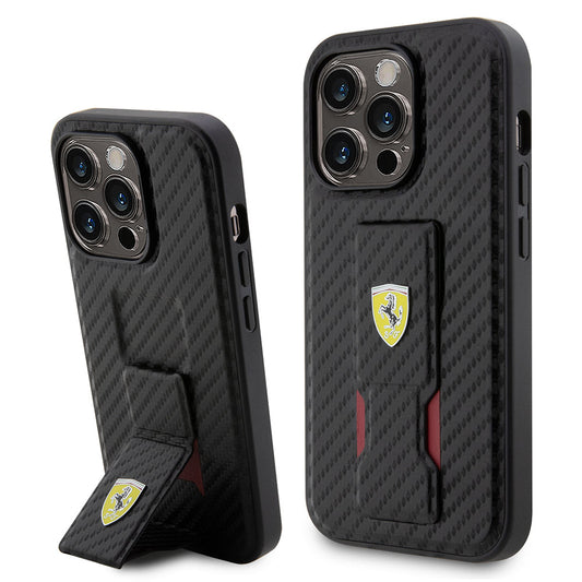 Apple iPhone 14 Pro Kılıf Ferrari Orjinal Lisanlı Klasik Metal Logolu Delikli Standlı Karbon Kapak