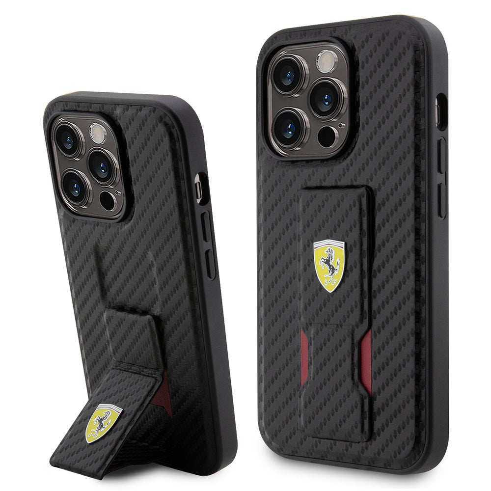 Apple iPhone 14 Pro Kılıf Ferrari Orjinal Lisanlı Klasik Metal Logolu Delikli Standlı Karbon Kapak - Görsel 2