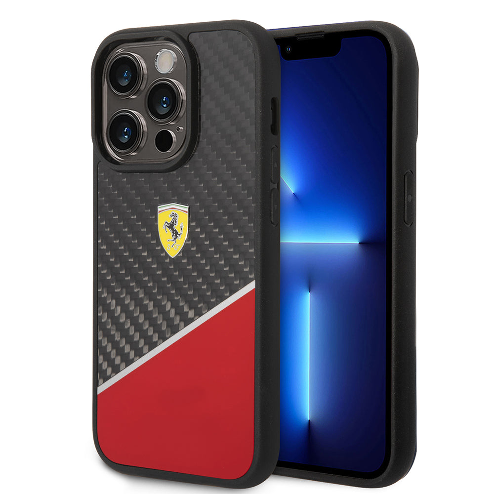 Apple iPhone 14 Pro Kılıf Ferrari Orjinal Lisanlı Klasik Metal Logolu Karbon Şerit Desenli Kapak - Görsel 2