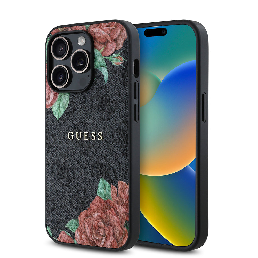 Apple iPhone 14 Pro Kılıf Guess Orjinal Lisanslı M-safe Şarj Özellikli Gül Baskılı 4G Desenli Yazı Logolu Kapak - Görsel 3