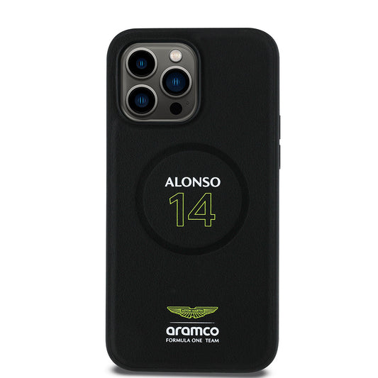 Apple iPhone 14 Pro Max Kılıf Aston Martin Orjinal Lisanslı M-safe Şarj Özellikli PU Deri Alonso 14 Baskılı Kapak