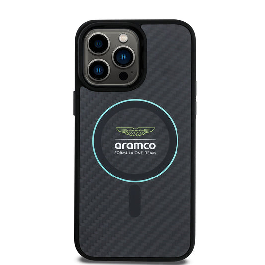 Apple iPhone 14 Pro Max Kılıf Aston Martin Orjinal Lisanslı M-safe Şarj Özellikli Renkli Halka ve Karbon Fiber Tasarımlı Kapak