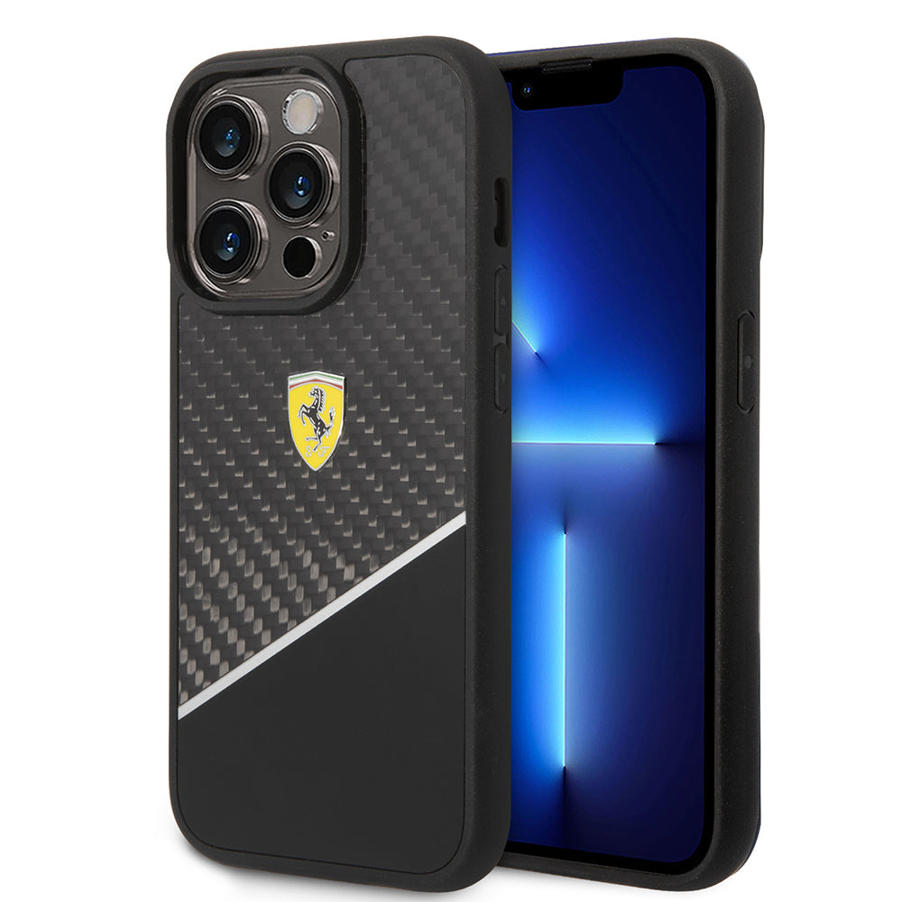 Apple iPhone 14 Pro Max Kılıf Ferrari Orjinal Lisanlı Klasik Metal Logolu Karbon Şerit Desenli Kapak - Görsel 2