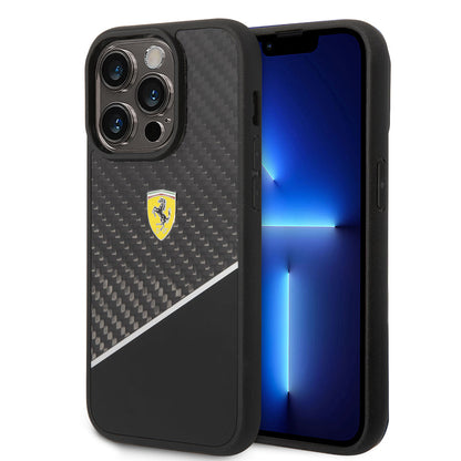 Apple iPhone 14 Pro Max Kılıf Ferrari Orjinal Lisanlı Klasik Metal Logolu Karbon Şerit Desenli Kapak - Görsel 2