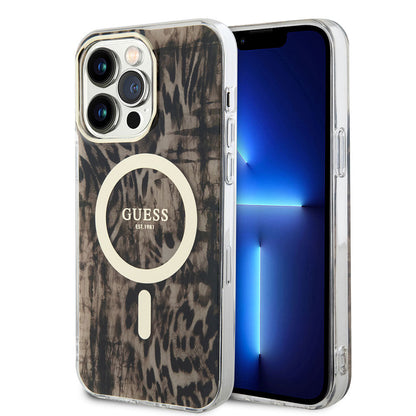 Apple iPhone 14 Pro Max Kılıf GUESS M-safe Şarj Özellikli Leopar Desenli Kapak