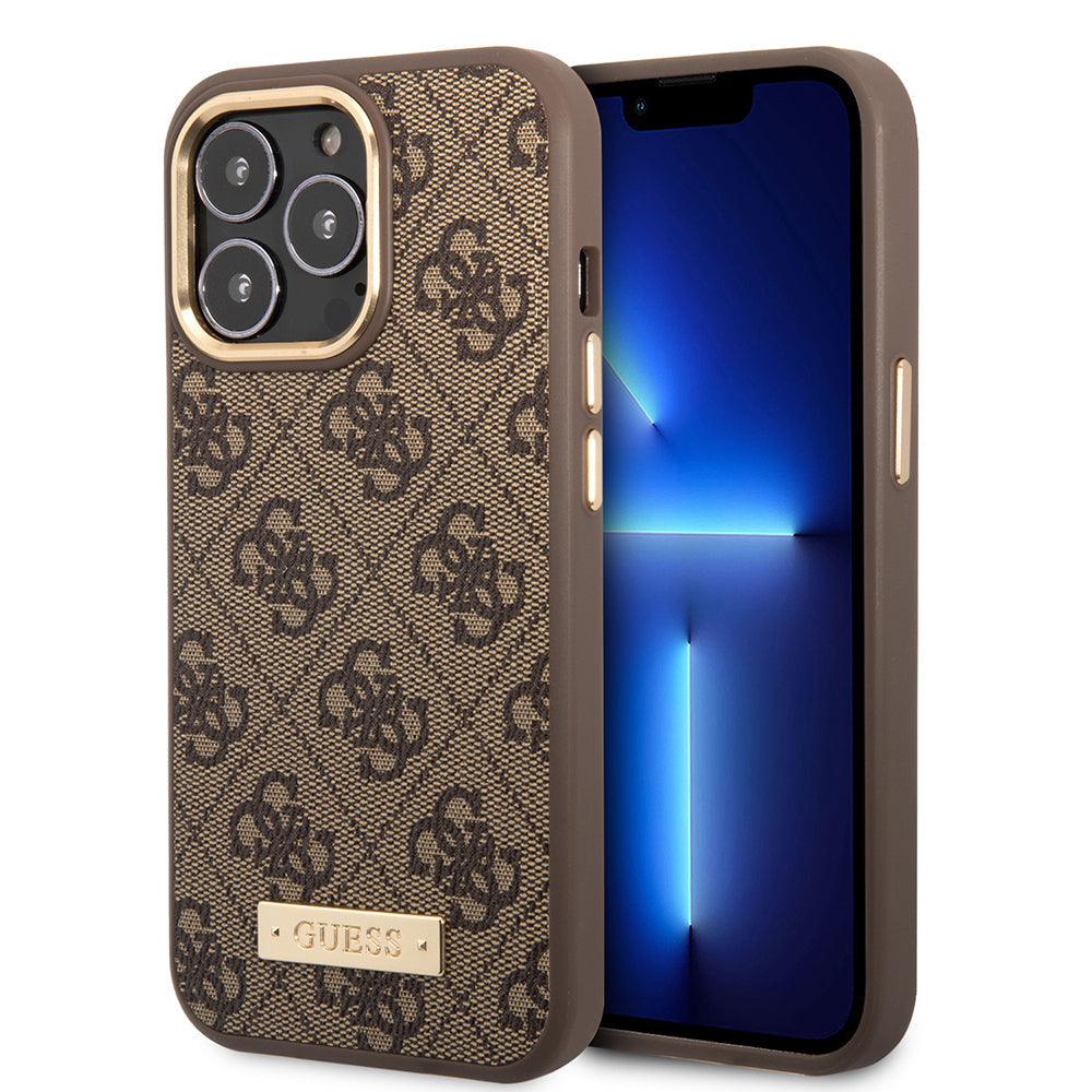 Apple iPhone 14 Pro Max Kılıf Guess Orjinal Lisanslı M-safe Şarj Özellikli 4G Desenli PU Metal Plaka Klasik Logolu Kapak - Görsel 3