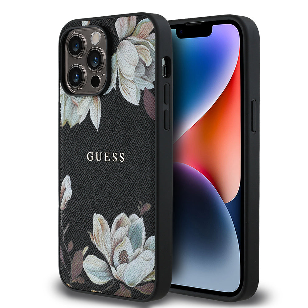 Apple iPhone 14 Pro Max Kılıf Guess Orjinal Lisanslı M-safe Şarj Özellikli Taneli Çiçek Tasarımlı Metal Yazı Logolu Kapak - Görsel 2
