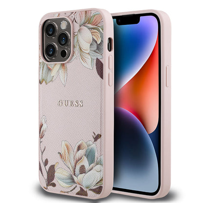 Apple iPhone 14 Pro Max Kılıf Guess Orjinal Lisanslı M-safe Şarj Özellikli Taneli Çiçek Tasarımlı Metal Yazı Logolu Kapak - Görsel 3