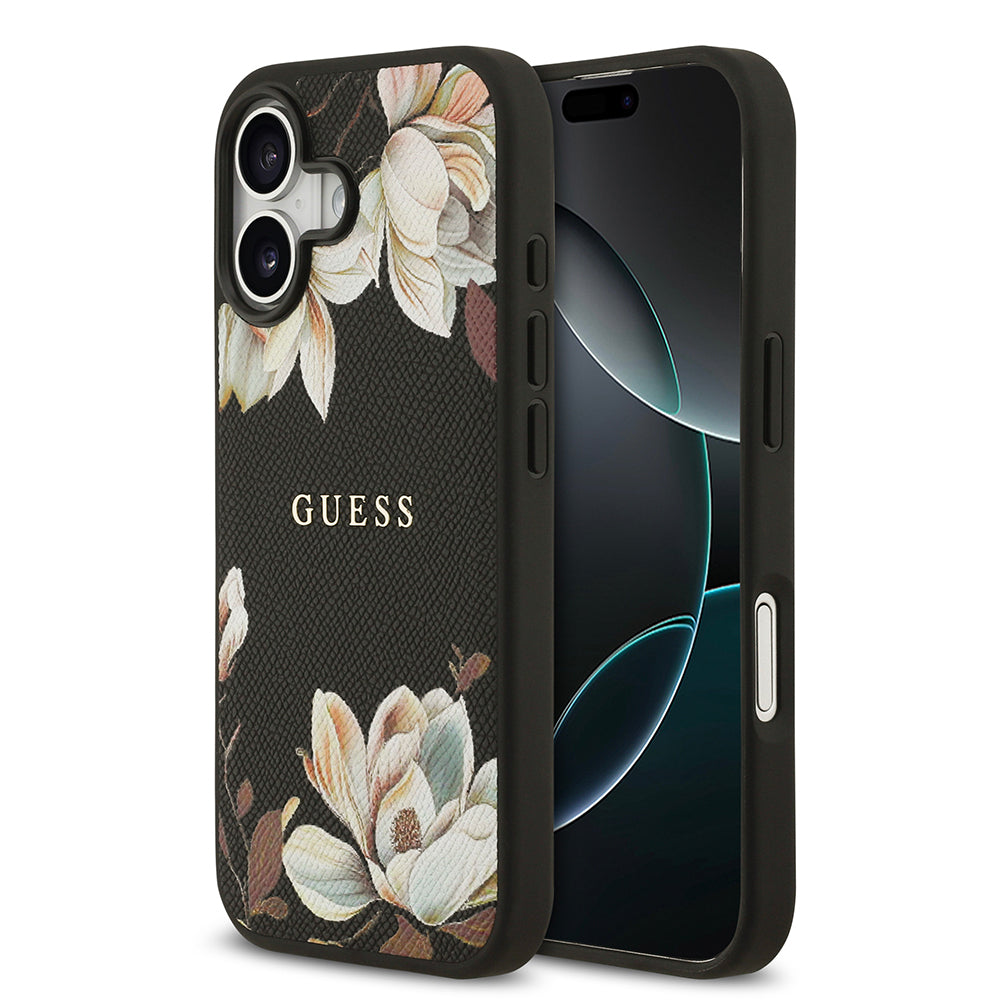 Apple iPhone 17 Kılıf Guess Orjinal Lisanslı M-safe Şarj Özellikli Taneli Çiçek Tasarımlı Metal Yazı Logolu Kapak - Görsel 2