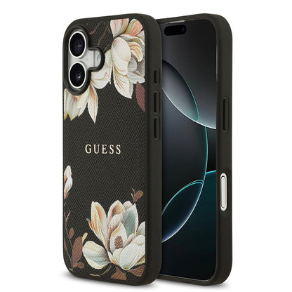 Apple iPhone 17 Kılıf Guess Orjinal Lisanslı M-safe Şarj Özellikli Taneli Çiçek Tasarımlı Metal Yazı Logolu Kapak - Görsel 2
