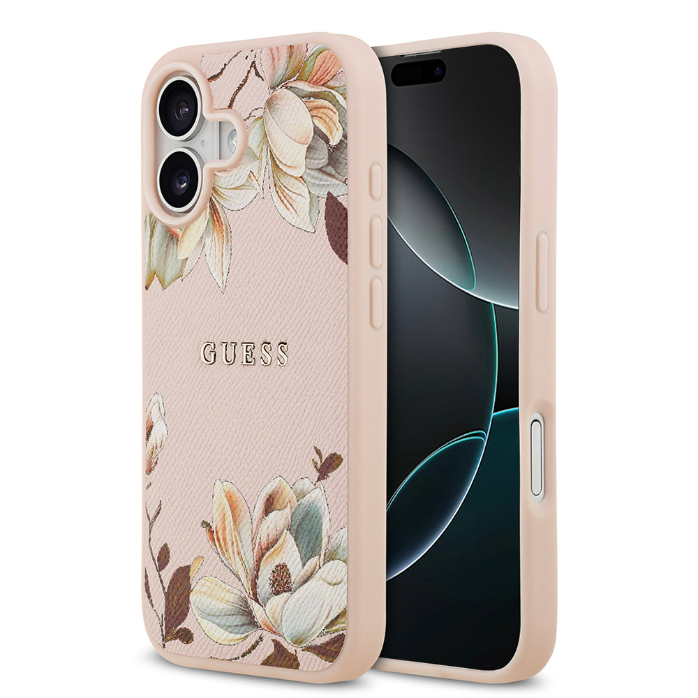 Apple iPhone 17 Kılıf Guess Orjinal Lisanslı M-safe Şarj Özellikli Taneli Çiçek Tasarımlı Metal Yazı Logolu Kapak - Görsel 3